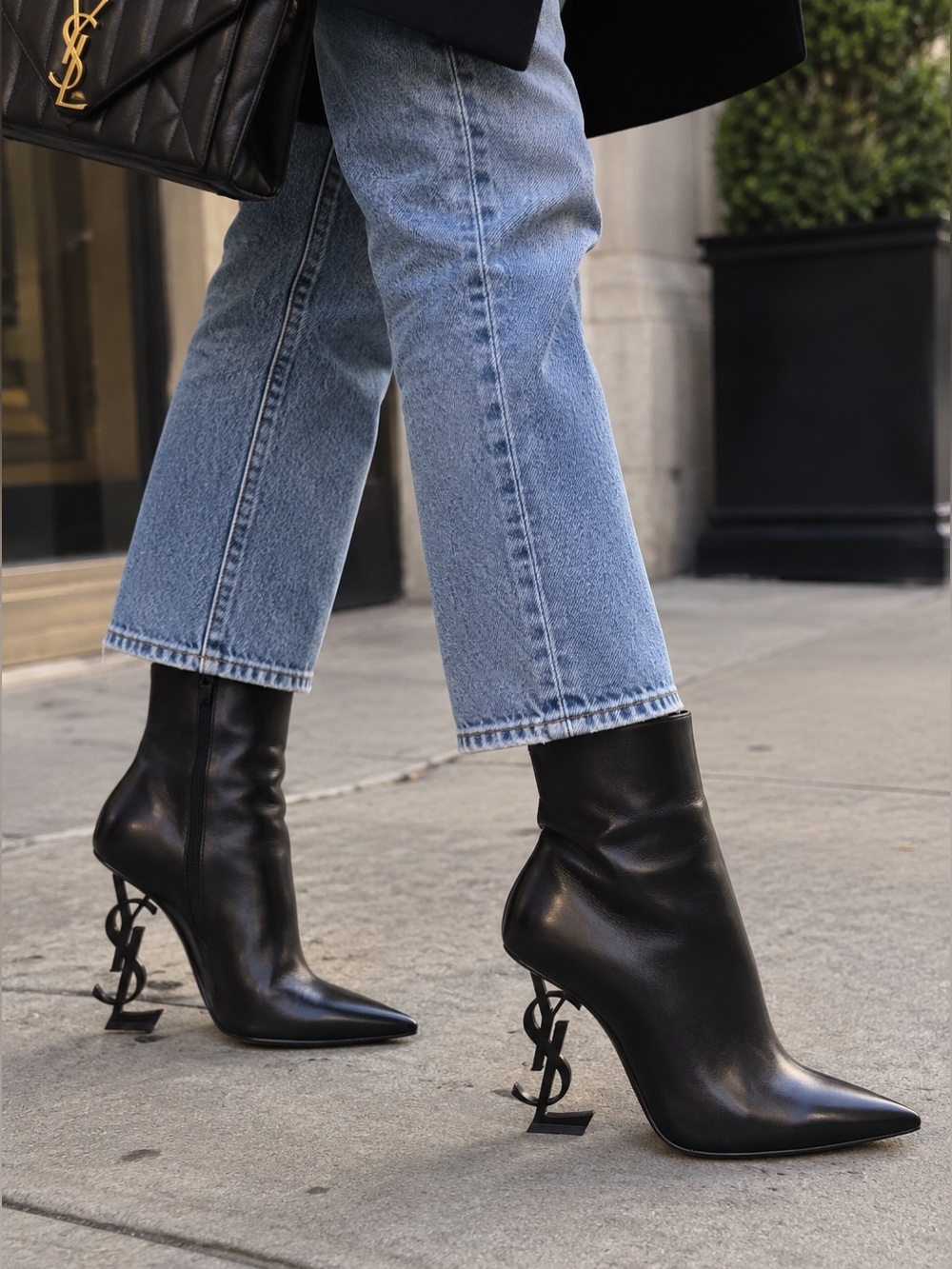 YVES SAINT LAURENT. Black Leather Logo-Heel boots. Size 36.5. NWT. Box. Gorg.